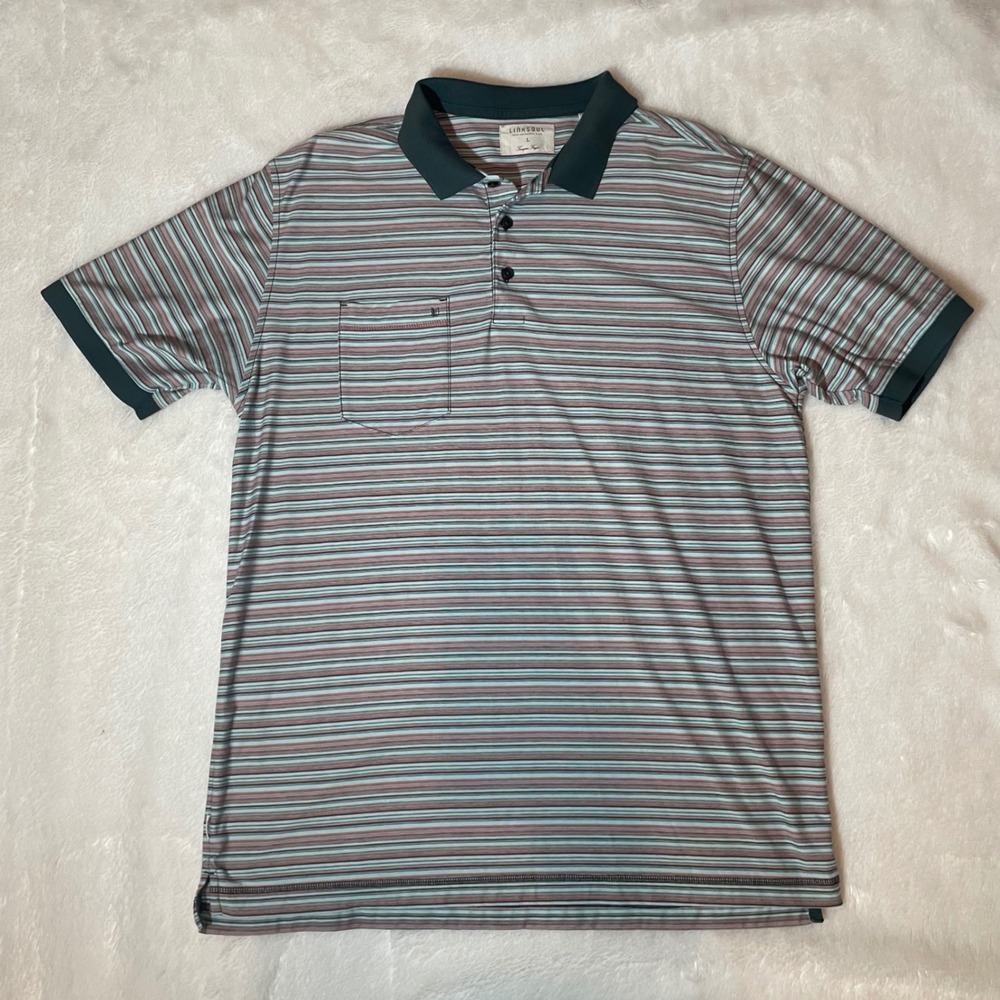 Linksoul Mens L Striped Luxury Cotton Short Sleeve Golf Polo Shirt 
Modern Peppy